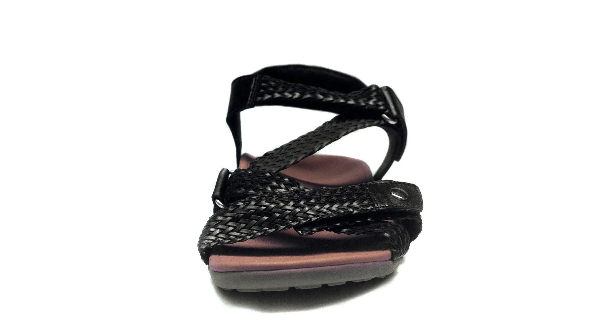 Black woven sandal on a white background
