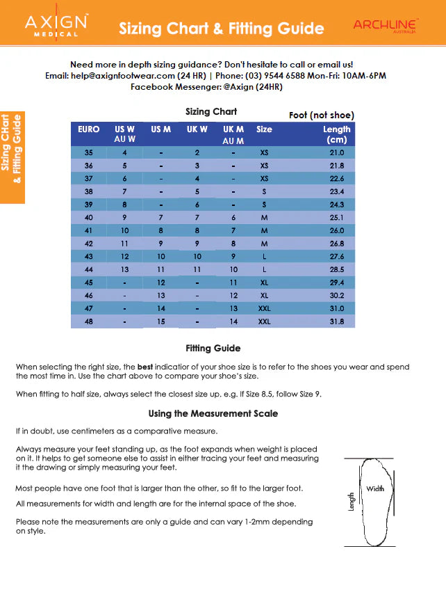 Sizing chart and fitting guide for shoes with measurement details.
