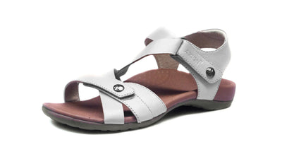 Eliza Orthotic Sandals - White: Strappy design with ankle strap, buttons, and arch support.