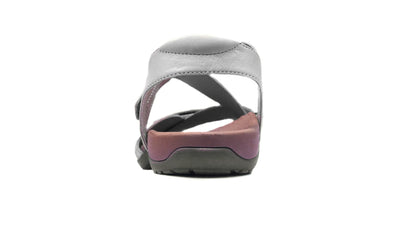 Rear view of Eliza Orthotic Sandals - White with arch support and grey crisscross straps.