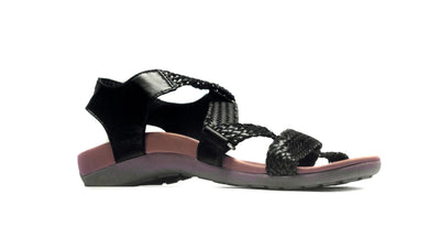 Black sandal with pink sole on a white background