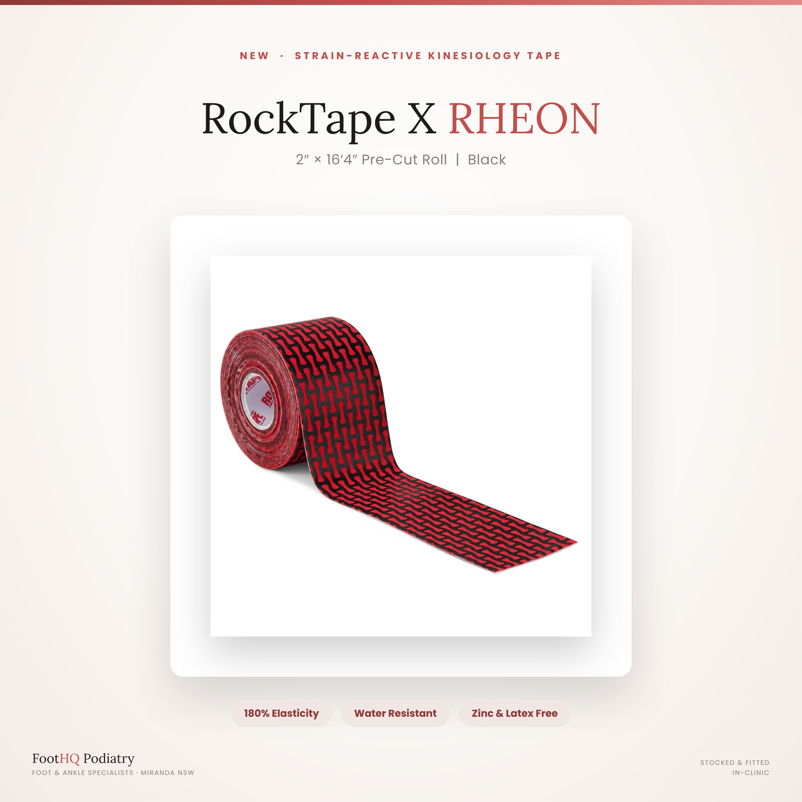 RockTape X RHEON Kinesiology Tape roll, black with red bone-shaped auxetic pattern