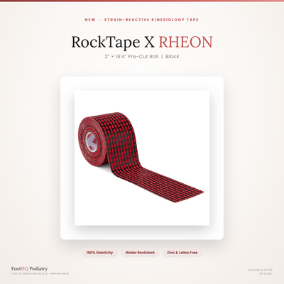 RockTape X RHEON Kinesiology Tape roll, black with red bone-shaped auxetic pattern